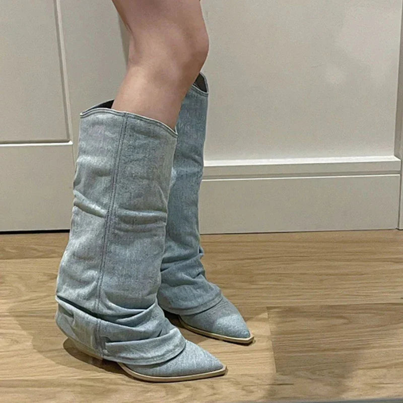 Bottes De Cowboy Montantes En Denim Tendance Pour Femme | Hiver