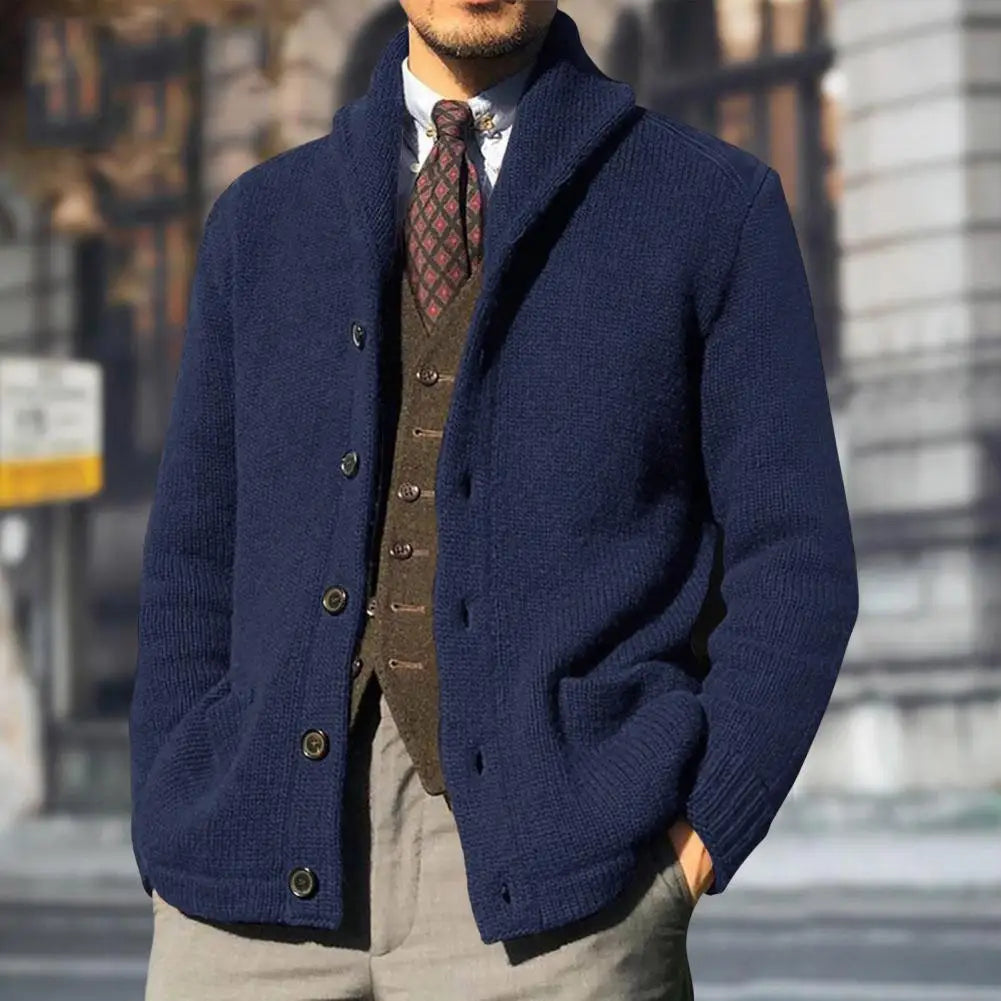 Cardigan Boutonné D'hiver Uni Pour Homme Avec Poche | Manches Longues