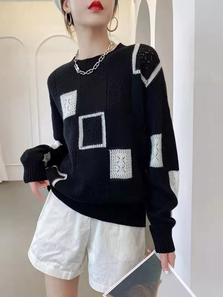 Pull En Maille À Col Rond Et Blocs Carrés Pour Femme | Hiver