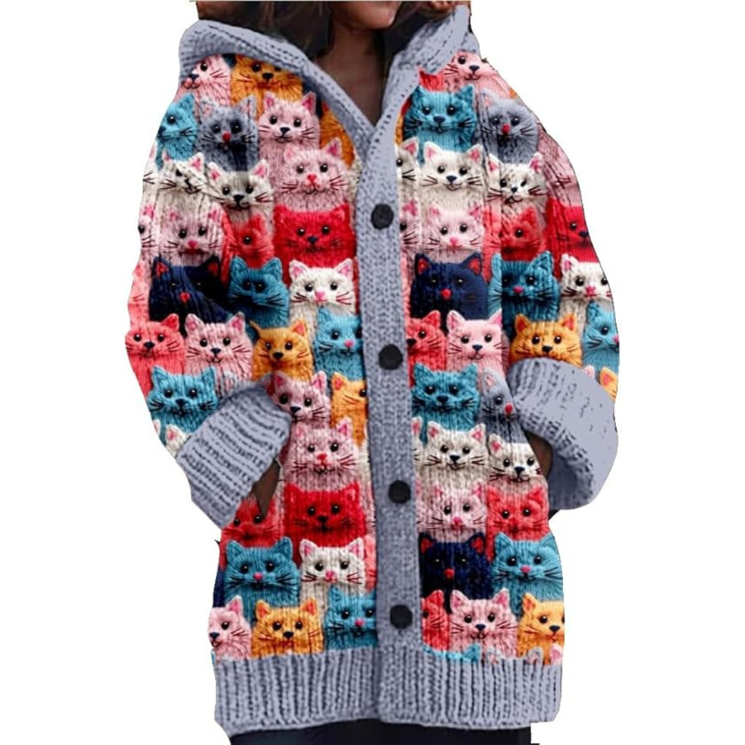 Cardigan Oversize En Maille À Imprimé Chat Pour Femme | Avec Capuche