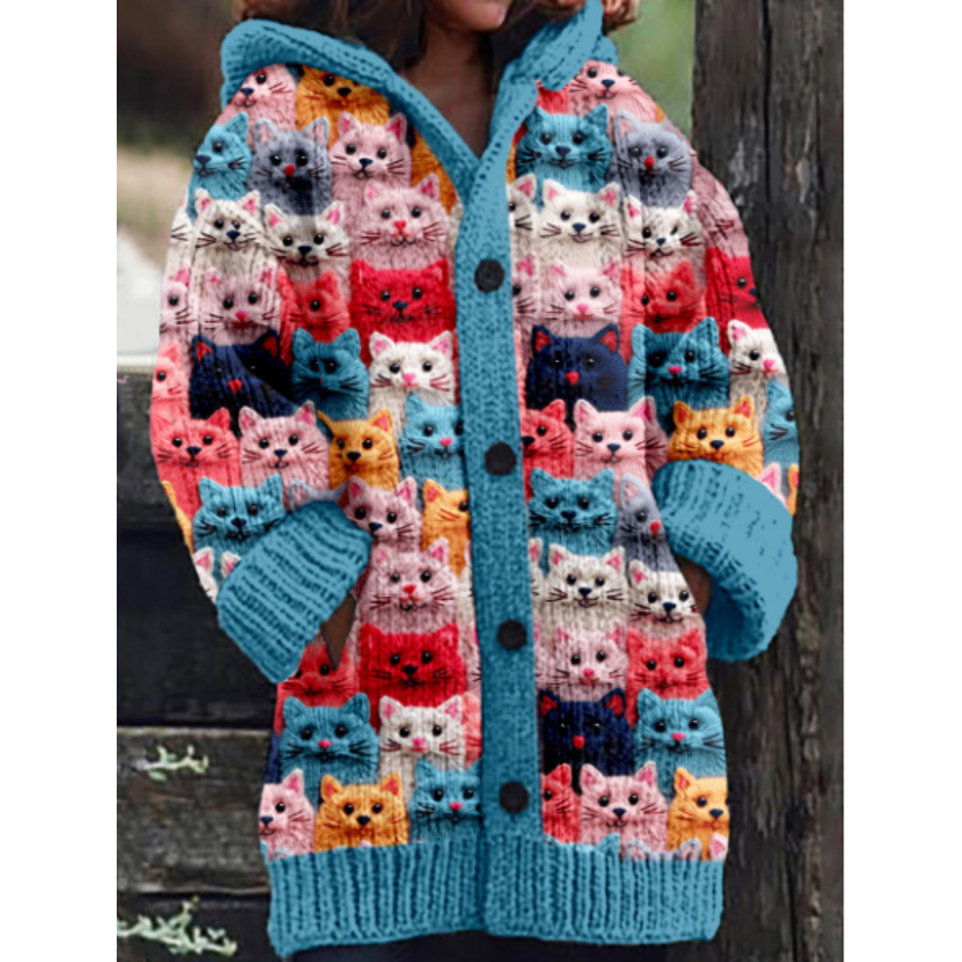 Cardigan Oversize En Maille À Imprimé Chat Pour Femme | Avec Capuche