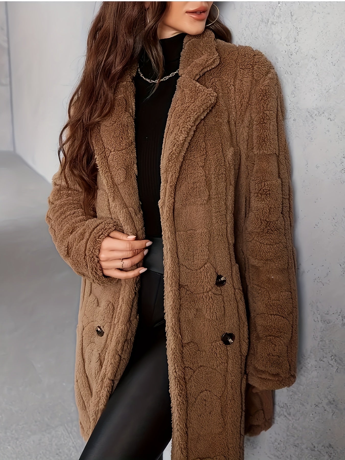 Manteau Long Classique En Tricot À Revers Crantés Pour Femme | Hiver