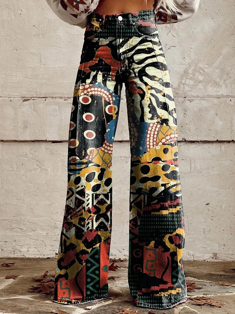 Jean Large En Denim Fleuri Multicolore | Avec Poche