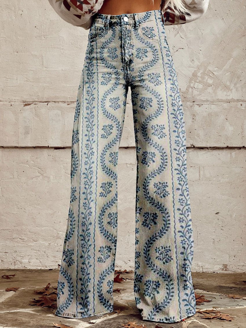 Jean Large En Denim Fleuri Multicolore | Avec Poche