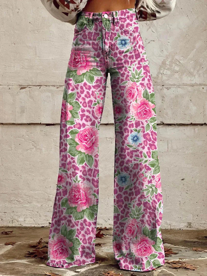 Jean Large En Denim Fleuri Multicolore | Avec Poche