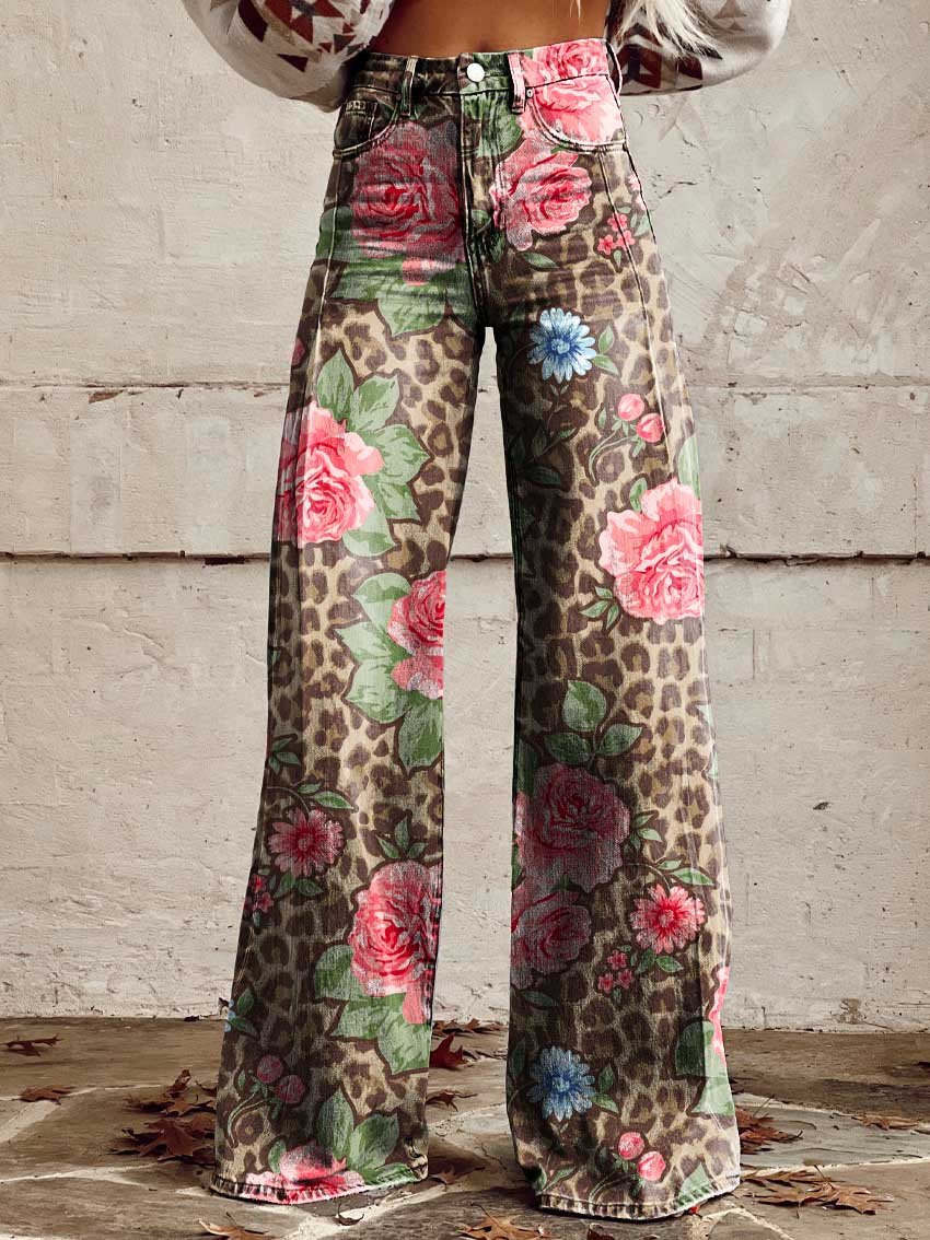 Jean Large En Denim Fleuri Multicolore | Avec Poche