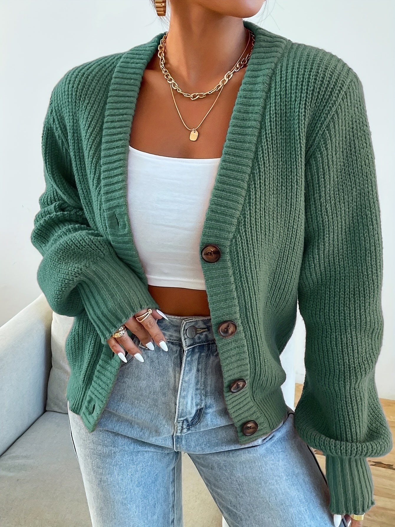 Cardigan uni pour femme en tricot avec manches longues | Hiver