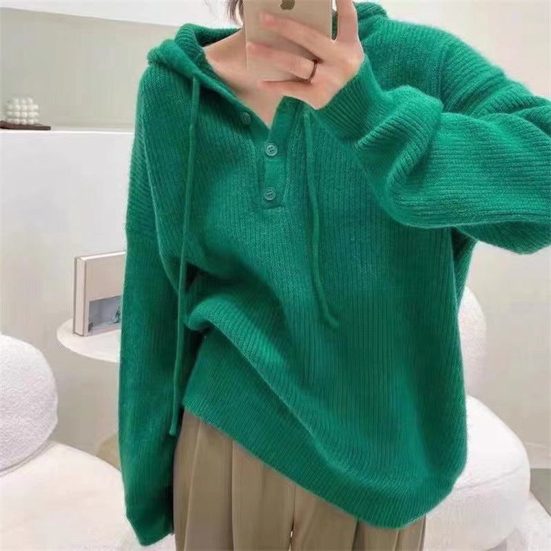 Pull Henley Tricoté À Capuche Pour Femme | Surdimensionné