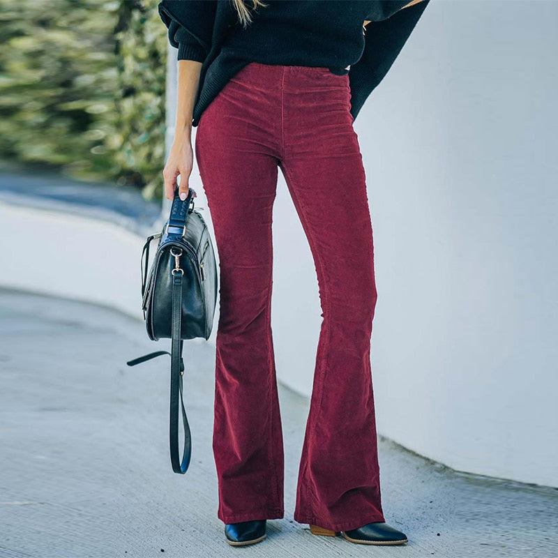 Pantalon Évasé Décontracté En Velours Côtelé Pour Femme | Taille Haute