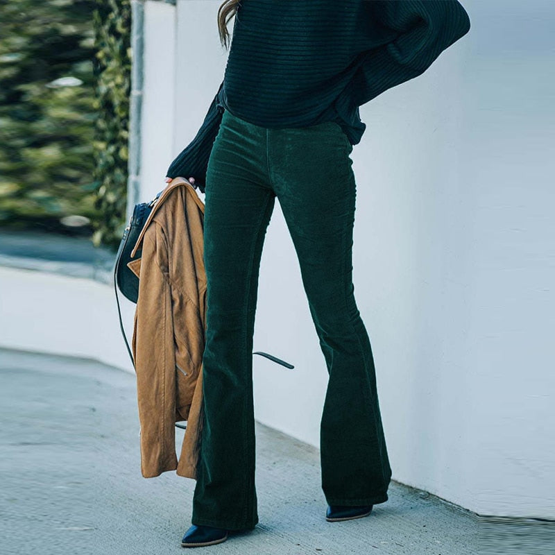 Pantalon Évasé Décontracté En Velours Côtelé Pour Femme | Taille Haute