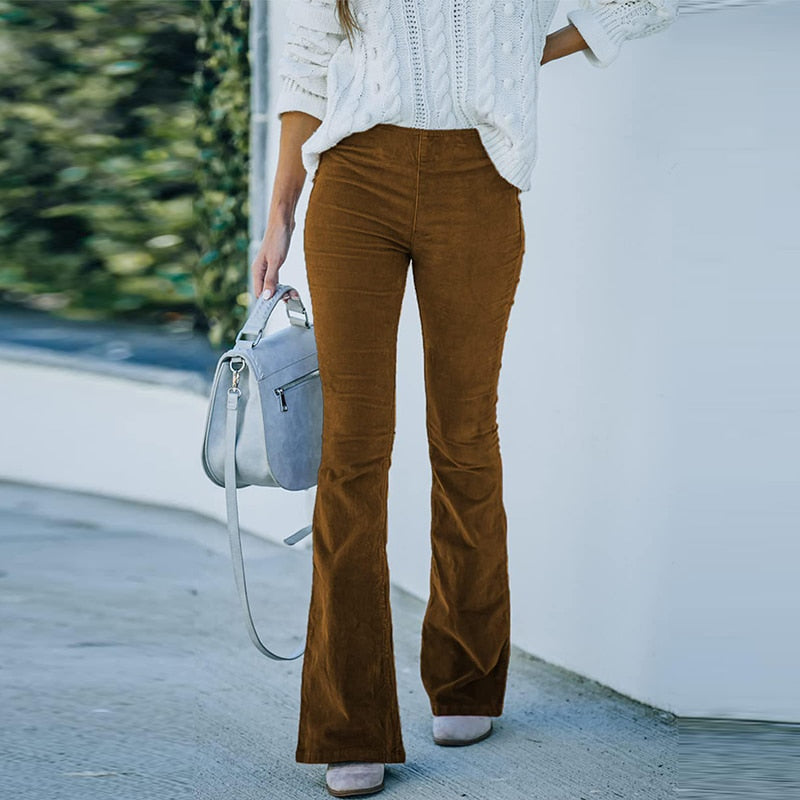 Pantalon Évasé Décontracté En Velours Côtelé Pour Femme | Taille Haute