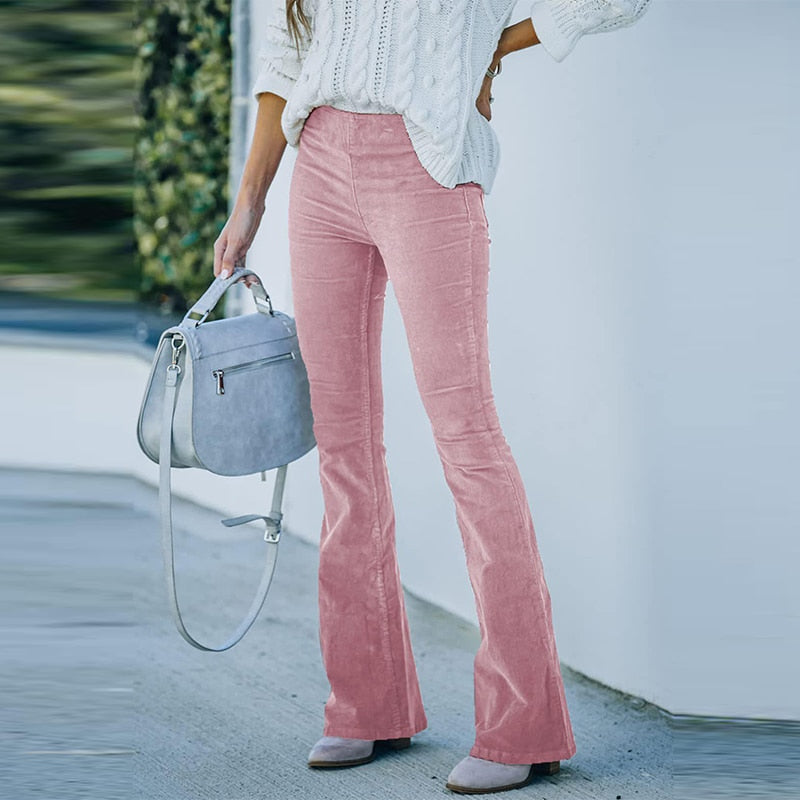 Pantalon Évasé Décontracté En Velours Côtelé Pour Femme | Taille Haute