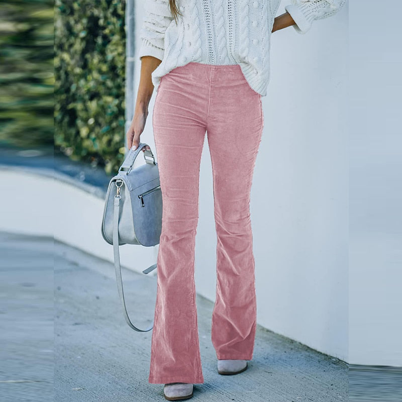 Pantalon Évasé Décontracté En Velours Côtelé Pour Femme | Taille Haute