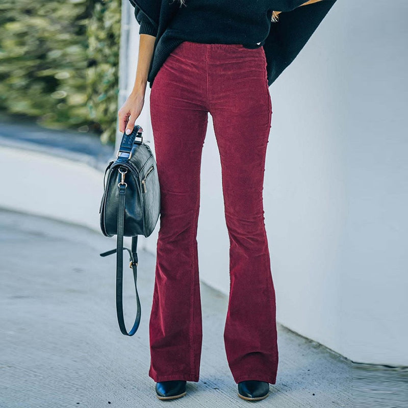 Pantalon Évasé Décontracté En Velours Côtelé Pour Femme | Taille Haute