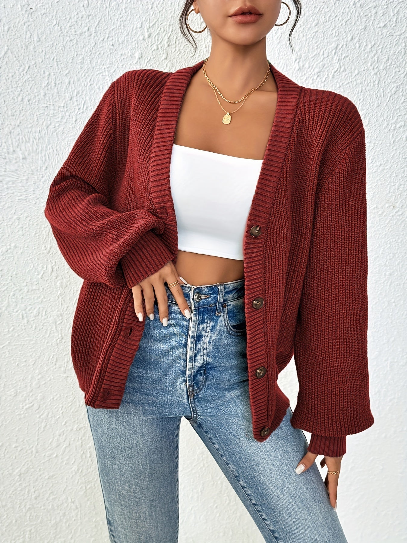 Cardigan uni pour femme en tricot avec manches longues | Hiver