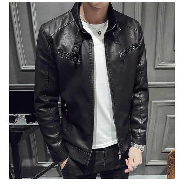 Veste De Moto En Cuir À Col Montant Pour Homme | Hiver