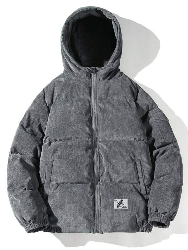 Veste Doudoune En Velours Côtelé Grise Pour Homme Avec Capuche | Hiver