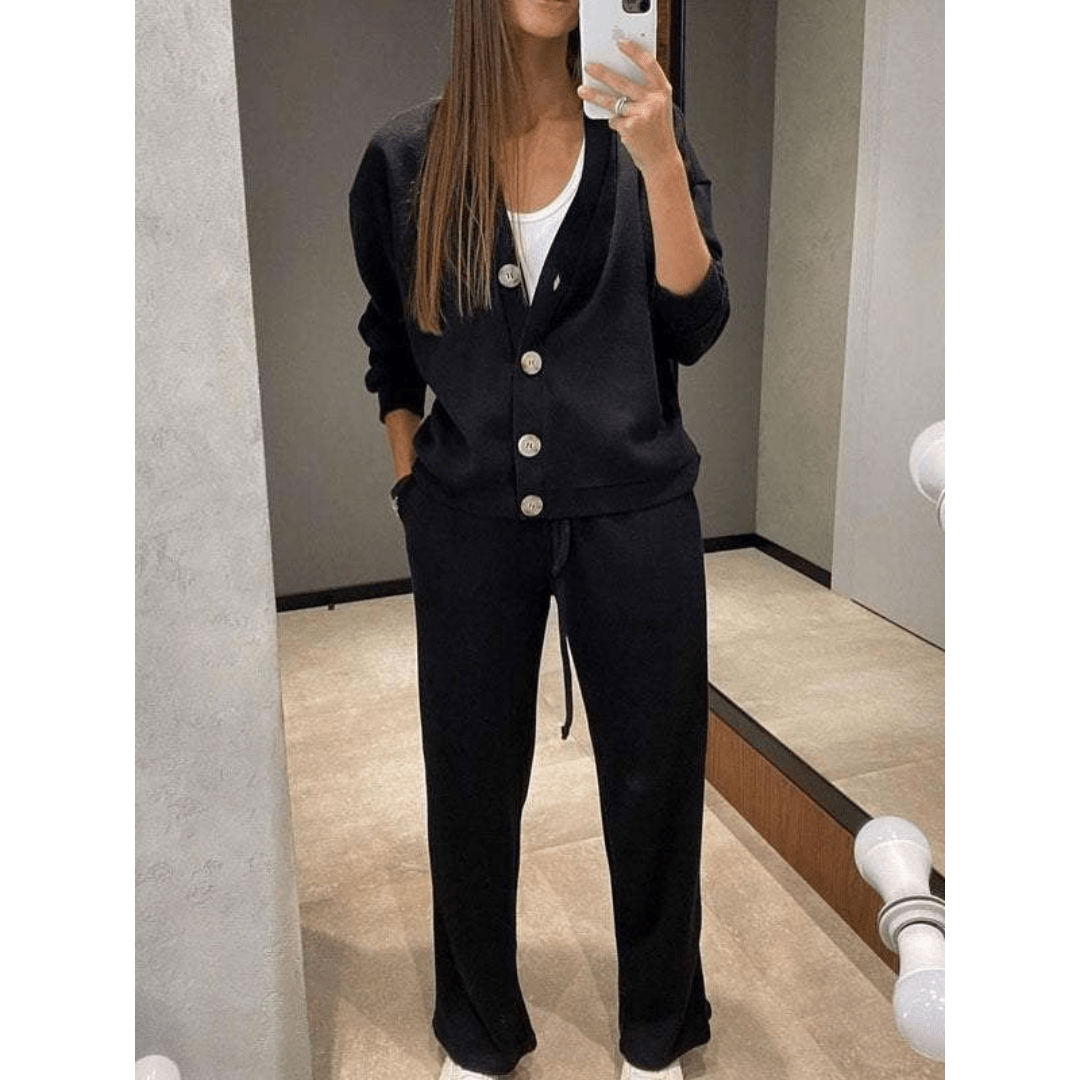 Ensemble d’hiver pour femme cardigan en tricot et pantalon | Col en V