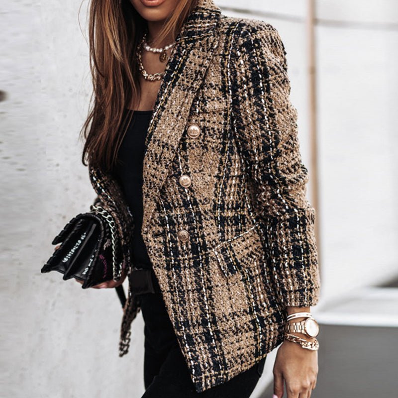 Blazer Moderne En Tweed À Carreaux Pour Femme | Poches Plaquées