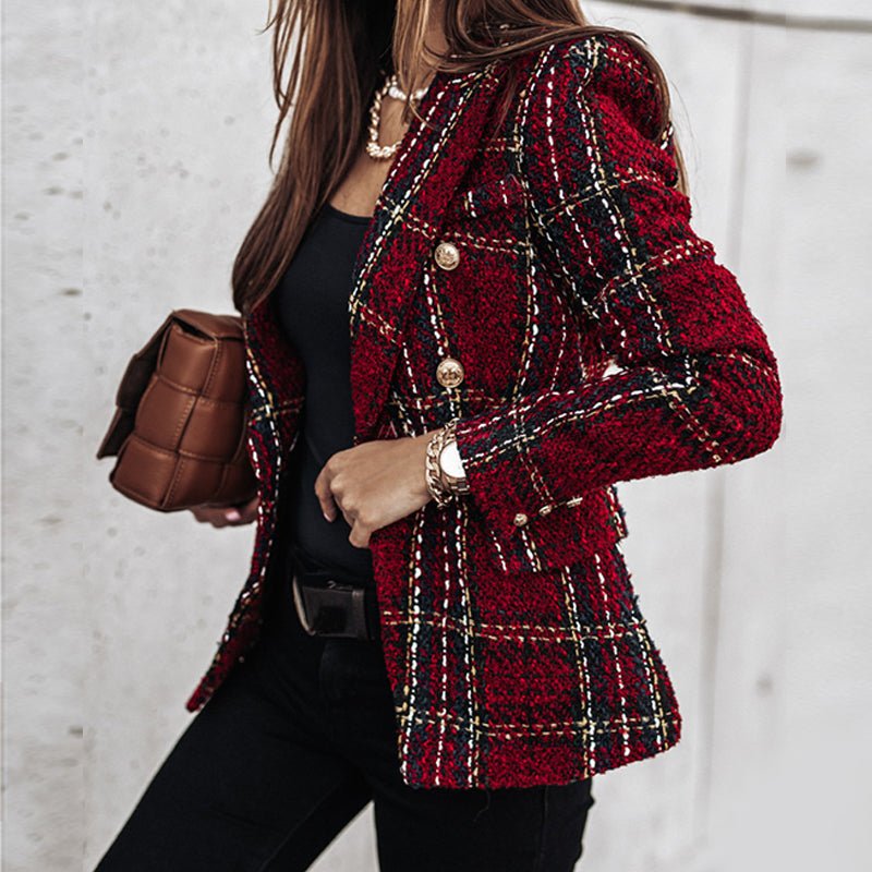 Blazer Moderne En Tweed À Carreaux Pour Femme | Poches Plaquées