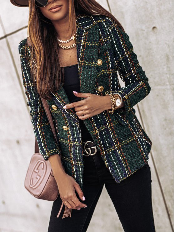 Blazer Moderne En Tweed À Carreaux Pour Femme | Poches Plaquées