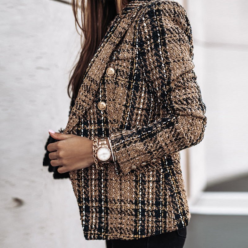 Blazer Moderne En Tweed À Carreaux Pour Femme | Poches Plaquées