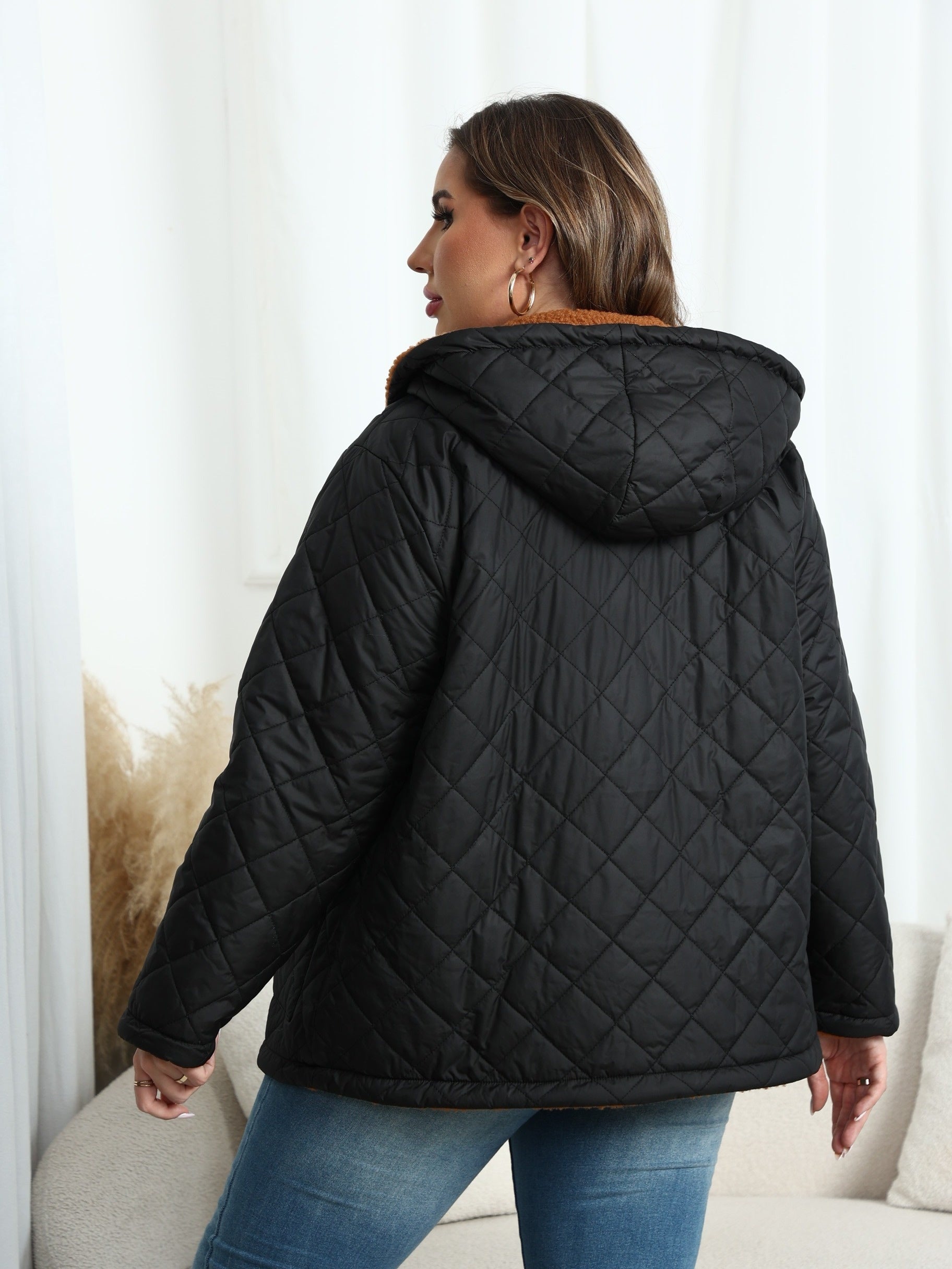 Veste Matelassée À Capuche Doublée En Peluche Pour Femme | Grande Taille