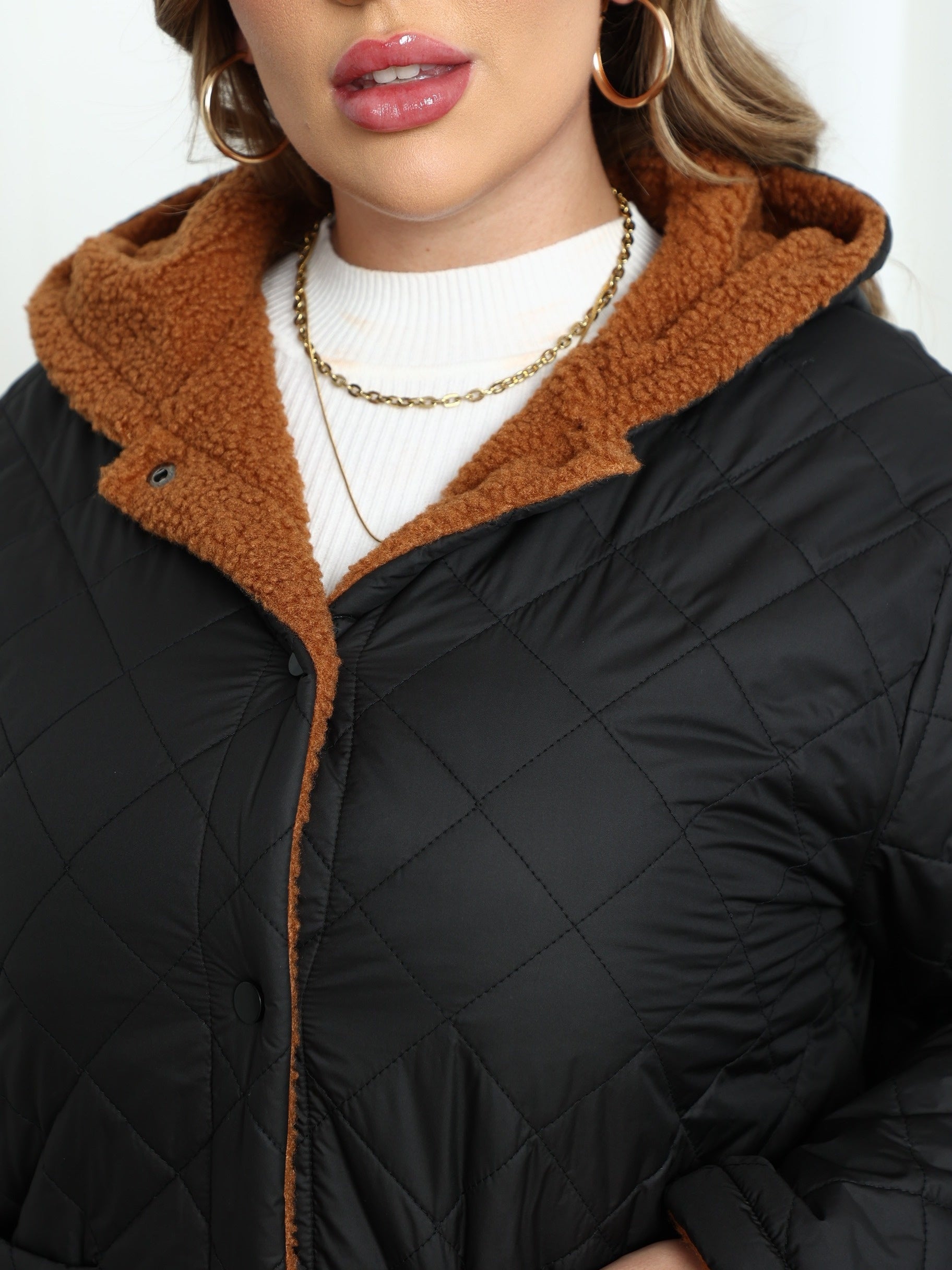 Veste Matelassée À Capuche Doublée En Peluche Pour Femme | Grande Taille
