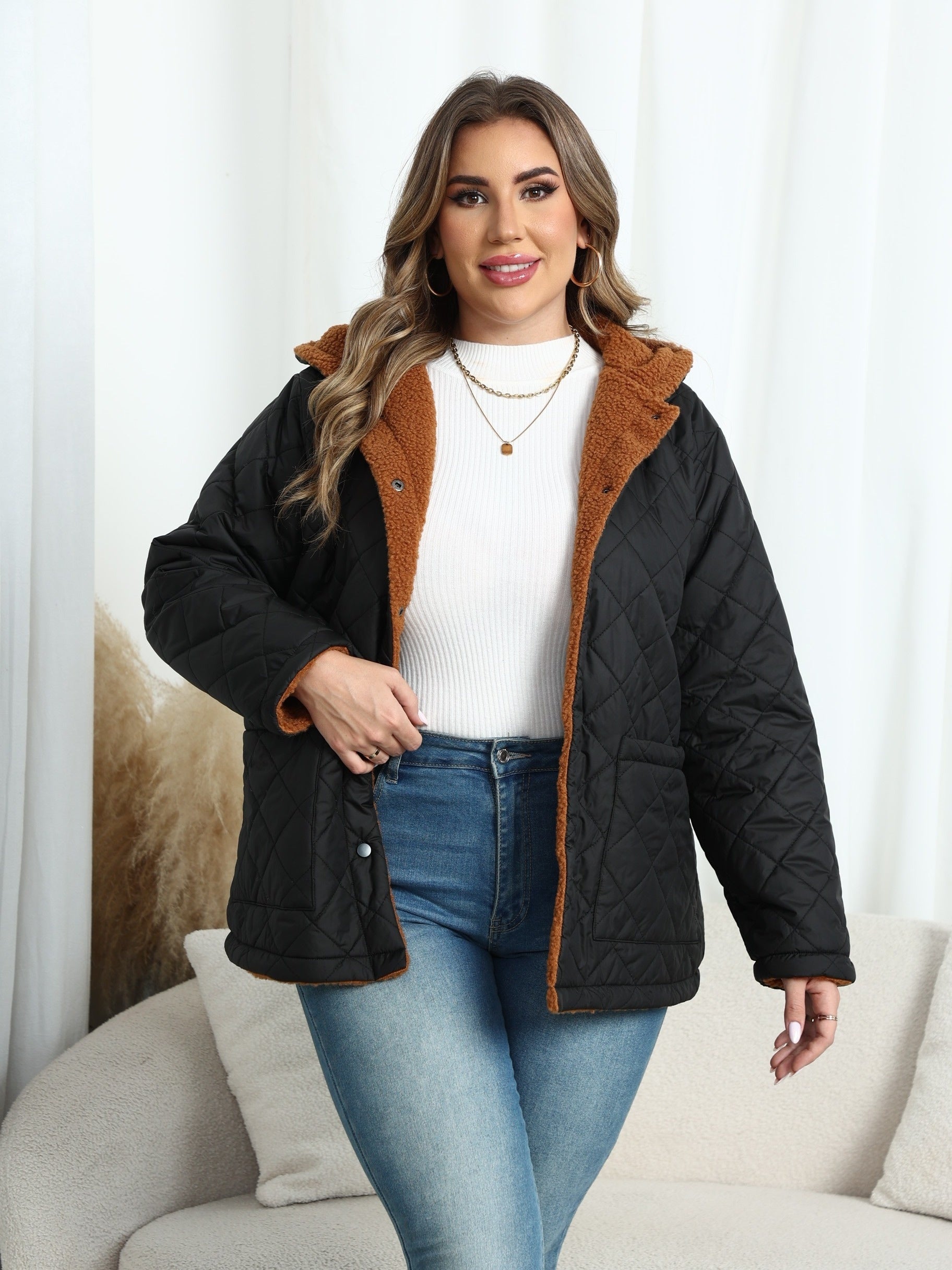 Veste Matelassée À Capuche Doublée En Peluche Pour Femme | Grande Taille