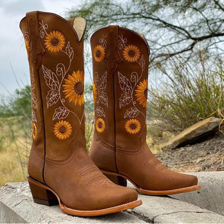 Bottes De Cowboy Brodées Tournesols Pour Femme | Talon Carré