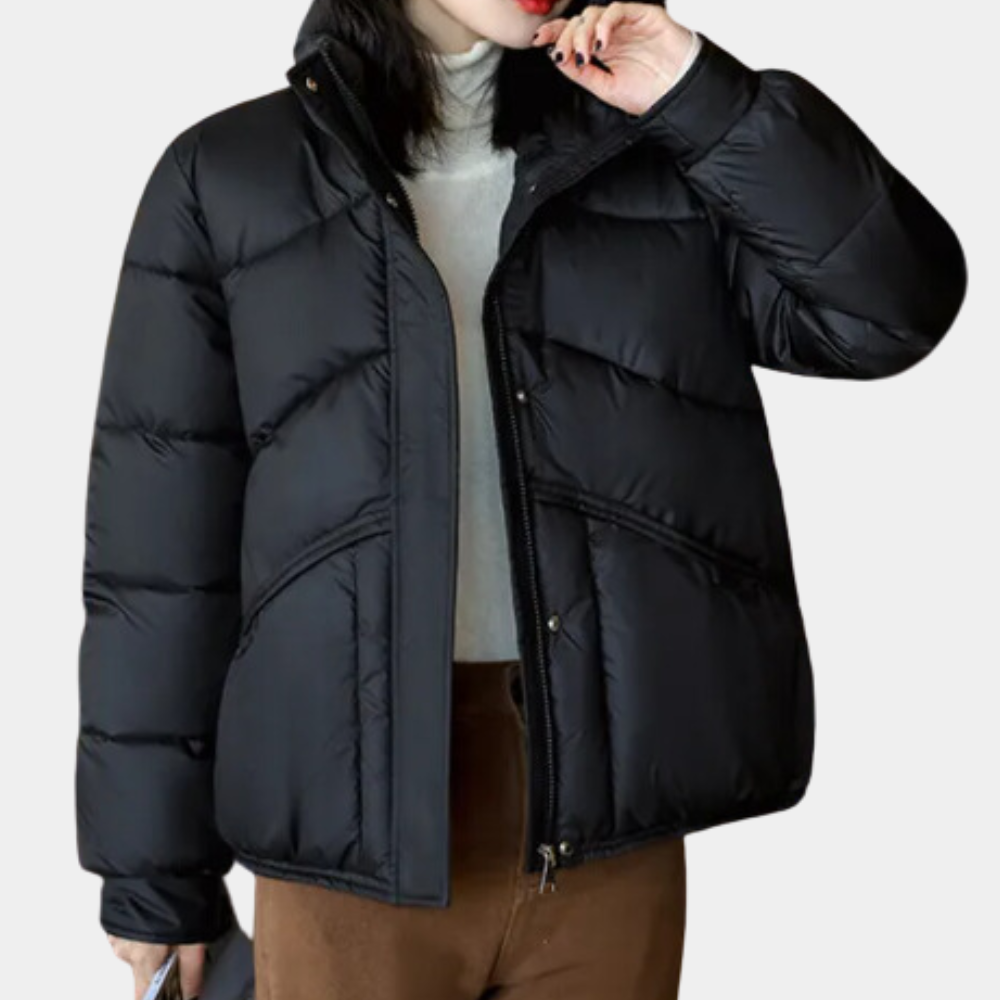 Veste Doudoune Tendance Pour Femme Avec Col Haut En Noir | Fermeture Éclair