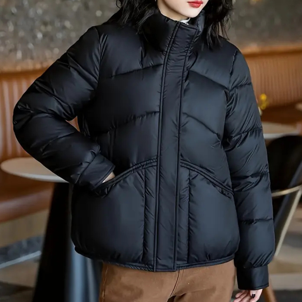 Veste Doudoune Tendance Pour Femme Avec Col Haut En Noir | Fermeture Éclair