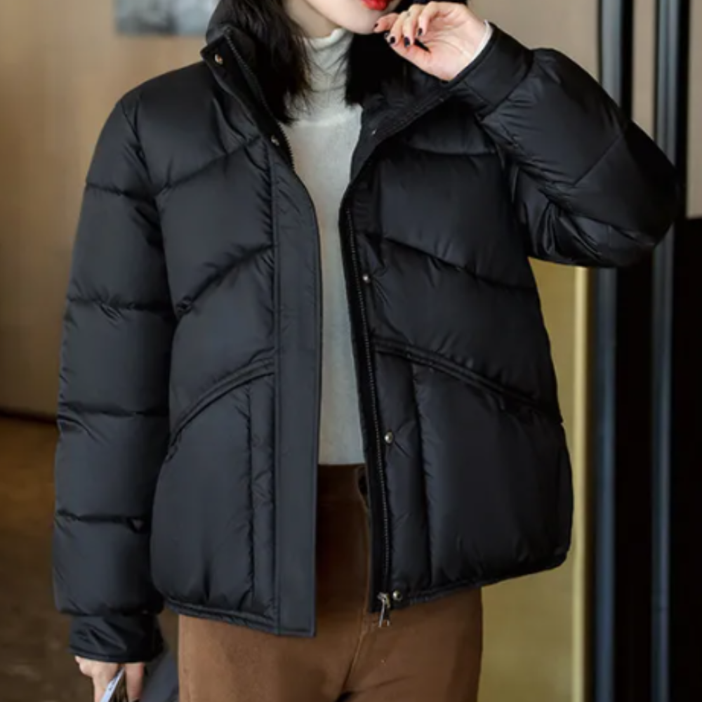 Veste Doudoune Tendance Pour Femme Avec Col Haut En Noir | Fermeture Éclair